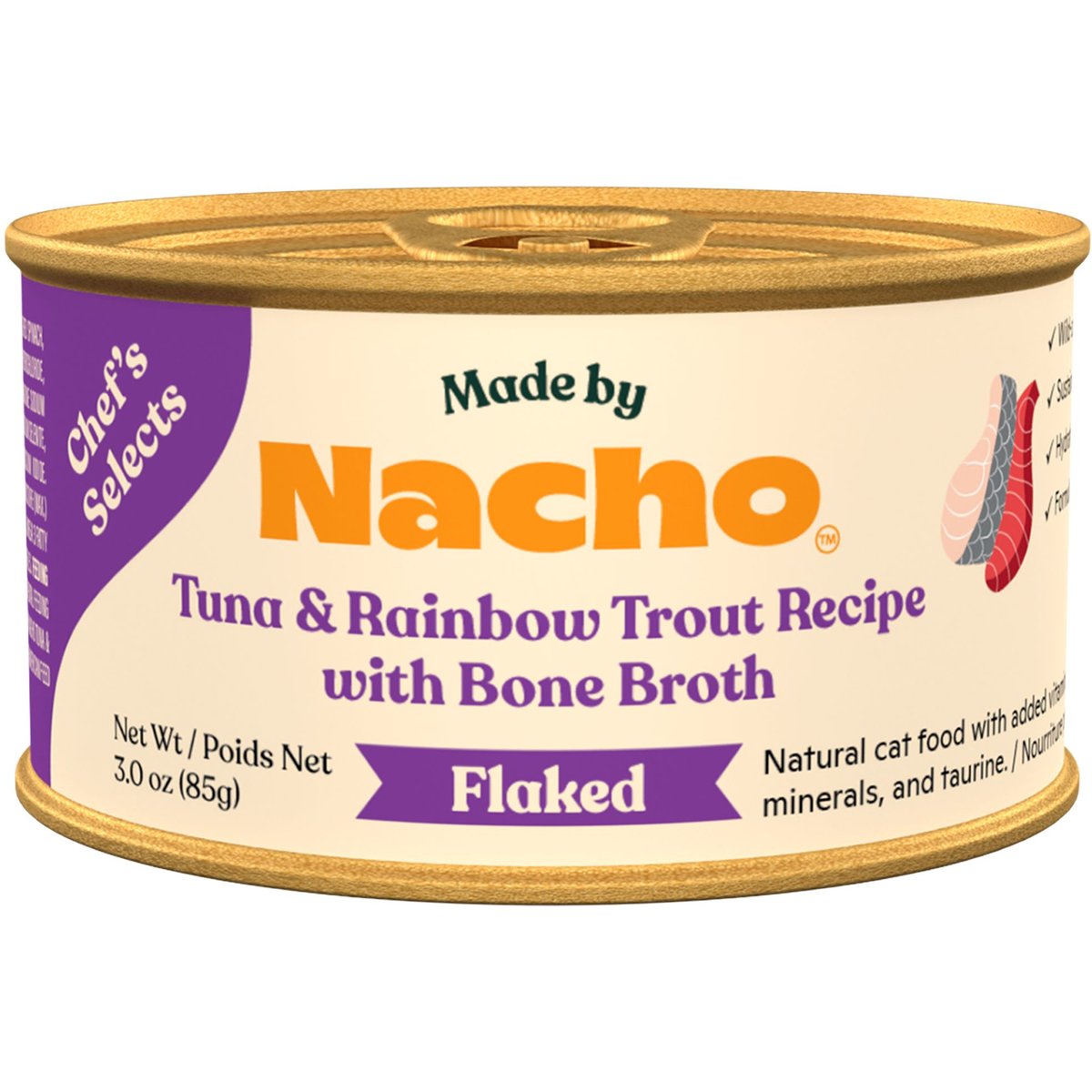 Made by Nacho Flaked Tuna & Rainbow Trout Recipe in Bone Broth Grain-Free Wet Cat Food, 3-oz can, case of 12