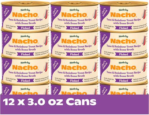 Show full view: Made by Nacho Flaked Tuna & Rainbow Trout Recipe in Bone Broth Grain-Free Wet Cat Food, 3-oz can, case of 12 slide 4 of 10