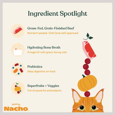 Show full view: Made by Nacho Grass Fed, Grain-Finished Minced Beef Recipe with Bone Broth Wet Cat Food, 2.5-oz cup, case of 10 slide 6 of 13