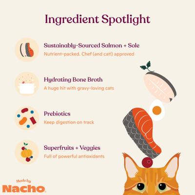 Show full view: Made by Nacho Sustainably Caught Salmon & Sole Recipe with Bone Broth Minced Wet Cat Food, 5.5-oz can, case of 24 slide 6 of 12