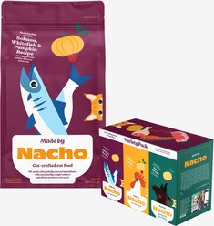 Made by Nacho Sustainably Caught Salmon, Whitefish & Pumpkin Recipe with Freeze-Dried Chicken Liver Dry Cat Food, 4-lb bag + Cuts In Gravy Recipes with Bone Broth Variety Pack Wet Food