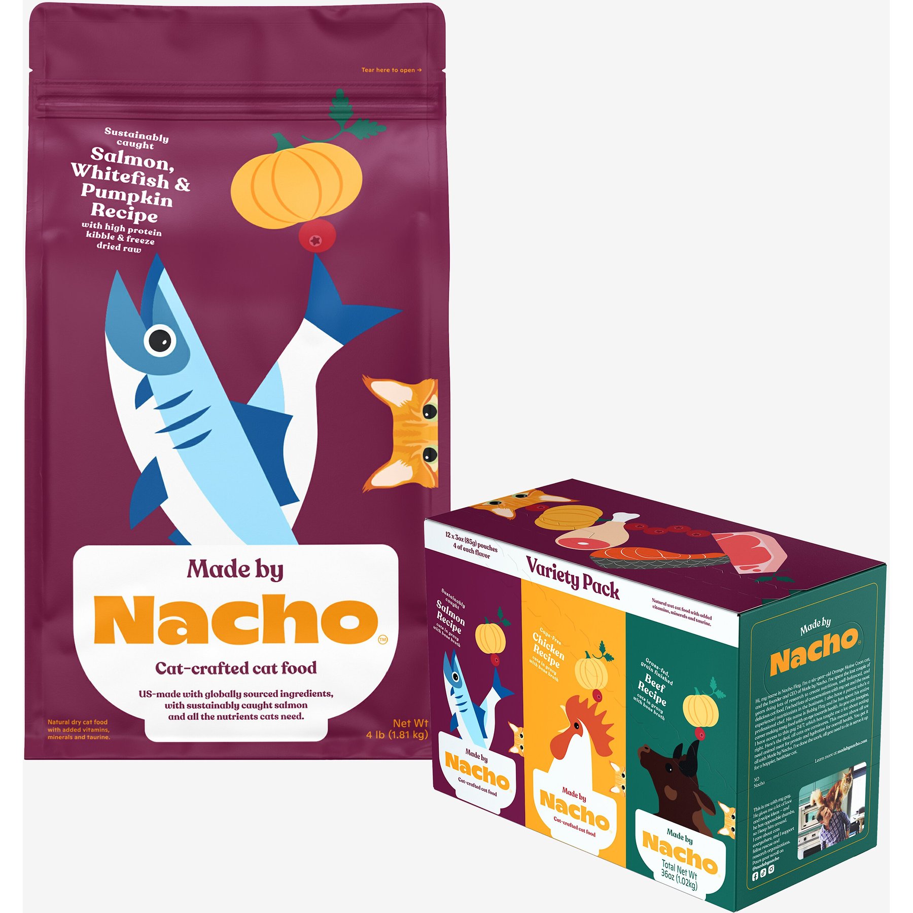 Made by Nacho Sustainably Caught Salmon, Whitefish & Pumpkin Recipe with Freeze-Dried Chicken Liver Dry Cat Food, 4-lb bag + Cuts In Gravy Recipes with Bone Broth Variety Pack Wet Food