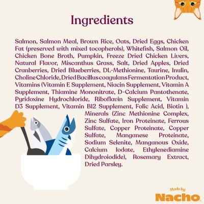 Show full view: Made by Nacho Sustainably Caught Salmon, Whitefish & Pumpkin Recipe with Freeze-Dried Chicken Liver Dry Cat Food, 4-lb bag slide 8 of 13