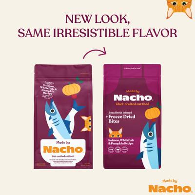 Show full view: Made by Nacho Sustainably Caught Salmon, Whitefish & Pumpkin Recipe with Freeze-Dried Chicken Liver Dry Cat Food, 4-lb bag slide 3 of 13