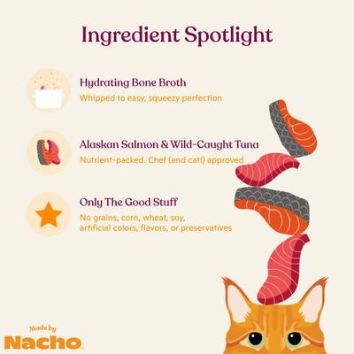 Show full view: Made by Nacho Tuna & Salmon Recipe Grain-Free Lickable Cat Treats, 0.5-oz pouch, case of 12 slide 6 of 9