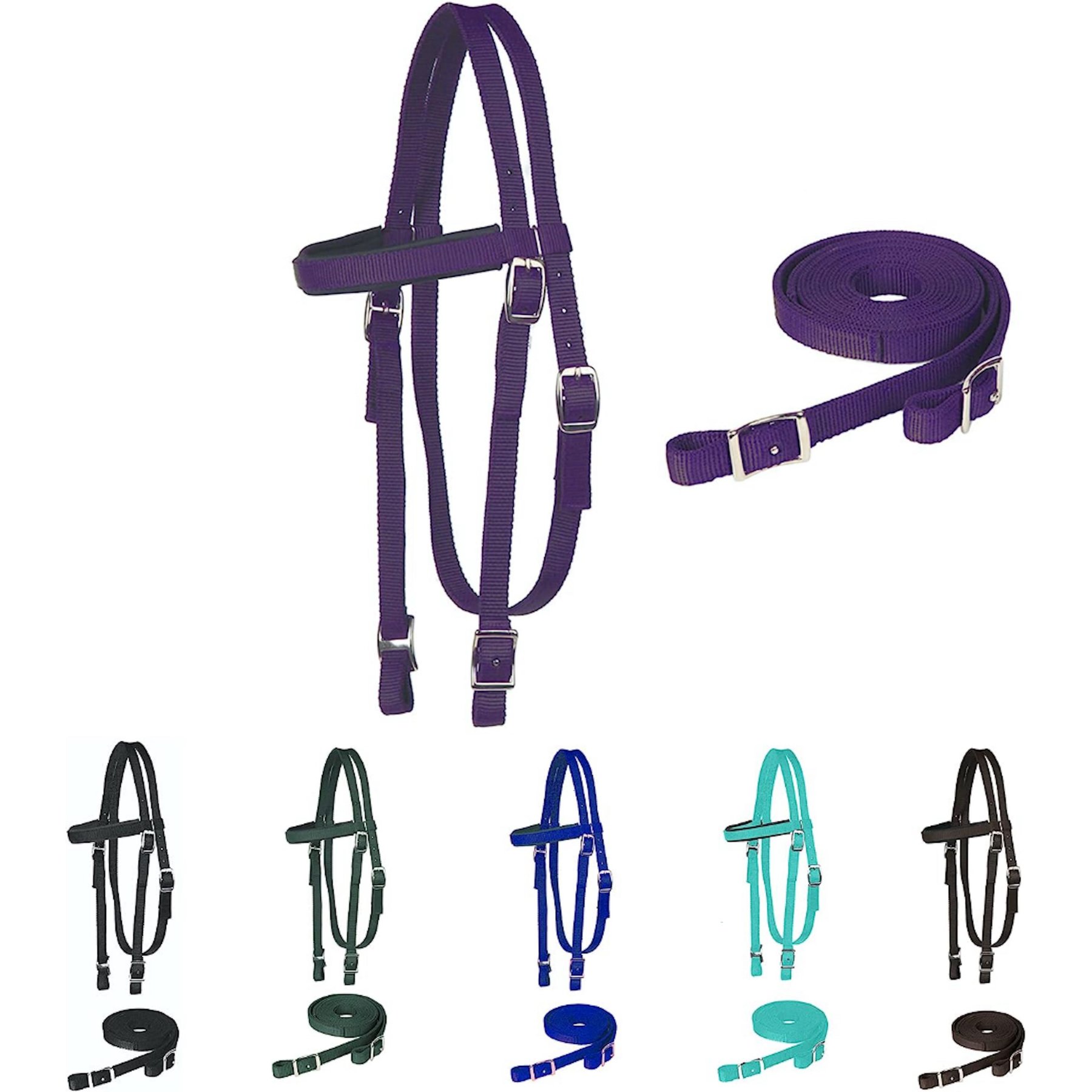 Majestic Ally Nylon Padded Browband Headstall & Reins Horse Tack, Purple