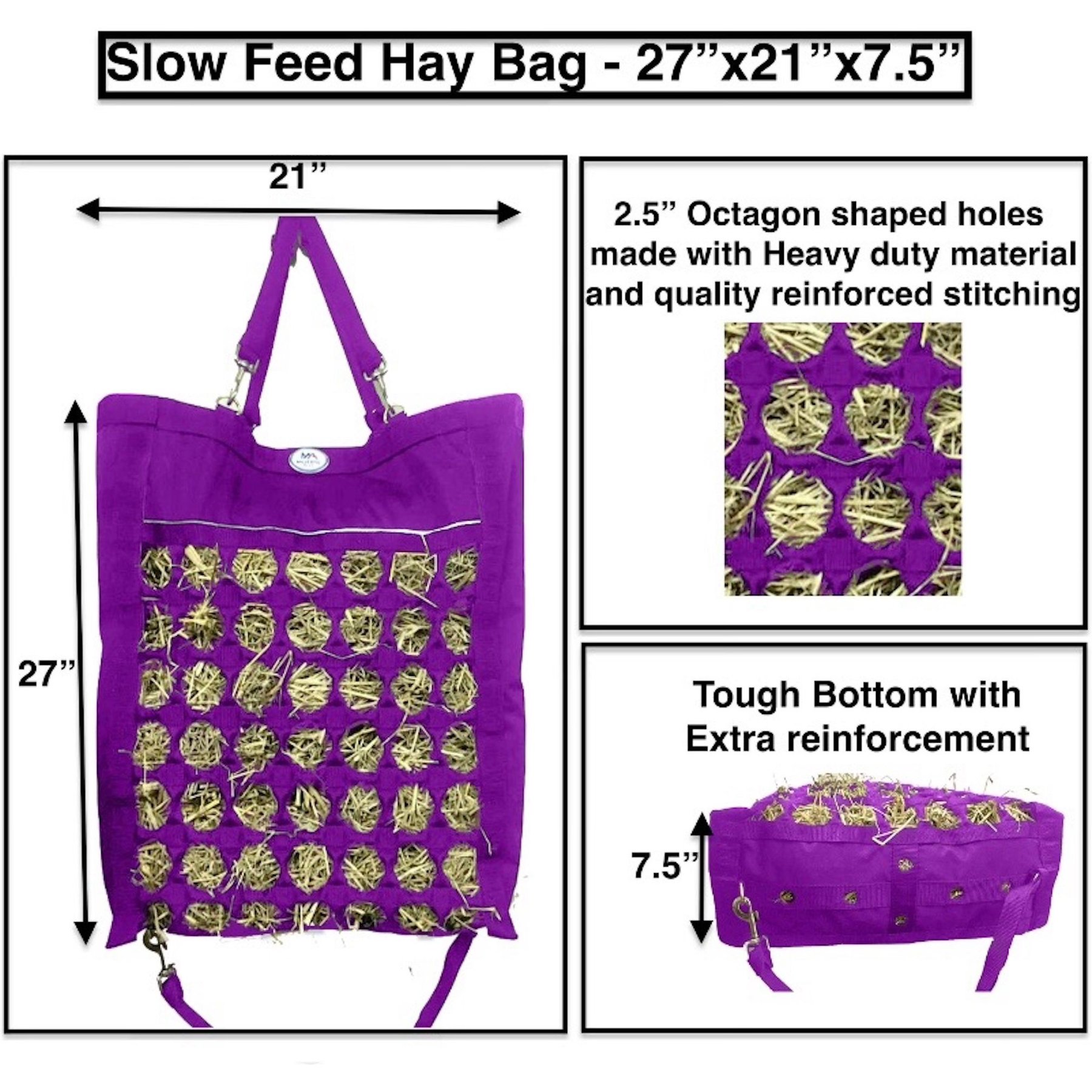 Majestic Ally Nylon Reflective 2.5-in Octagon Hole Slow Feeder Hay Horse Bag, Purple