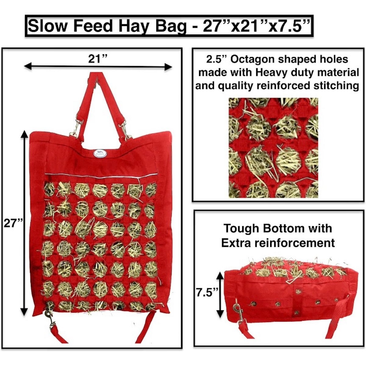 Majestic Ally Nylon Reflective 2.5-in Octagon Hole Slow Feeder Hay Horse Bag, Red