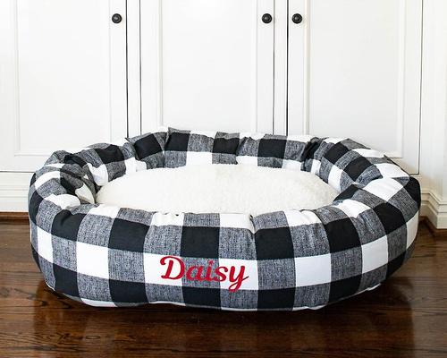 Show full view: Majestic Pet Anderson Check Sherpa Personalized Bagel Cat & Dog Bed, Black, Large slide 8 of 9
