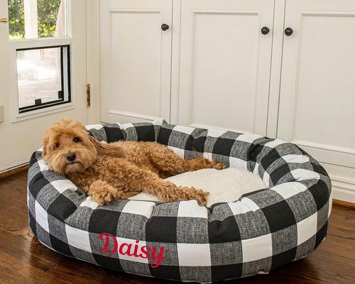Show full view: Majestic Pet Anderson Check Sherpa Personalized Bagel Cat & Dog Bed, Black, X-Large slide 7 of 9