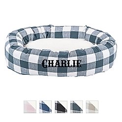 Majestic Pet Anderson Check Sherpa Personalized Bagel Cat & Dog Bed, Gunmetal Blue, Medium