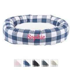 Majestic Pet Anderson Check Sherpa Personalized Bagel Cat & Dog Bed, Navy Blue, Large