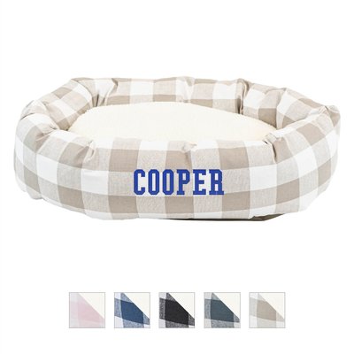 Majestic Pet Majestic Pet Anderson Check Sherpa Personalized Bagel Cat & Dog Bed, Tan, Medium