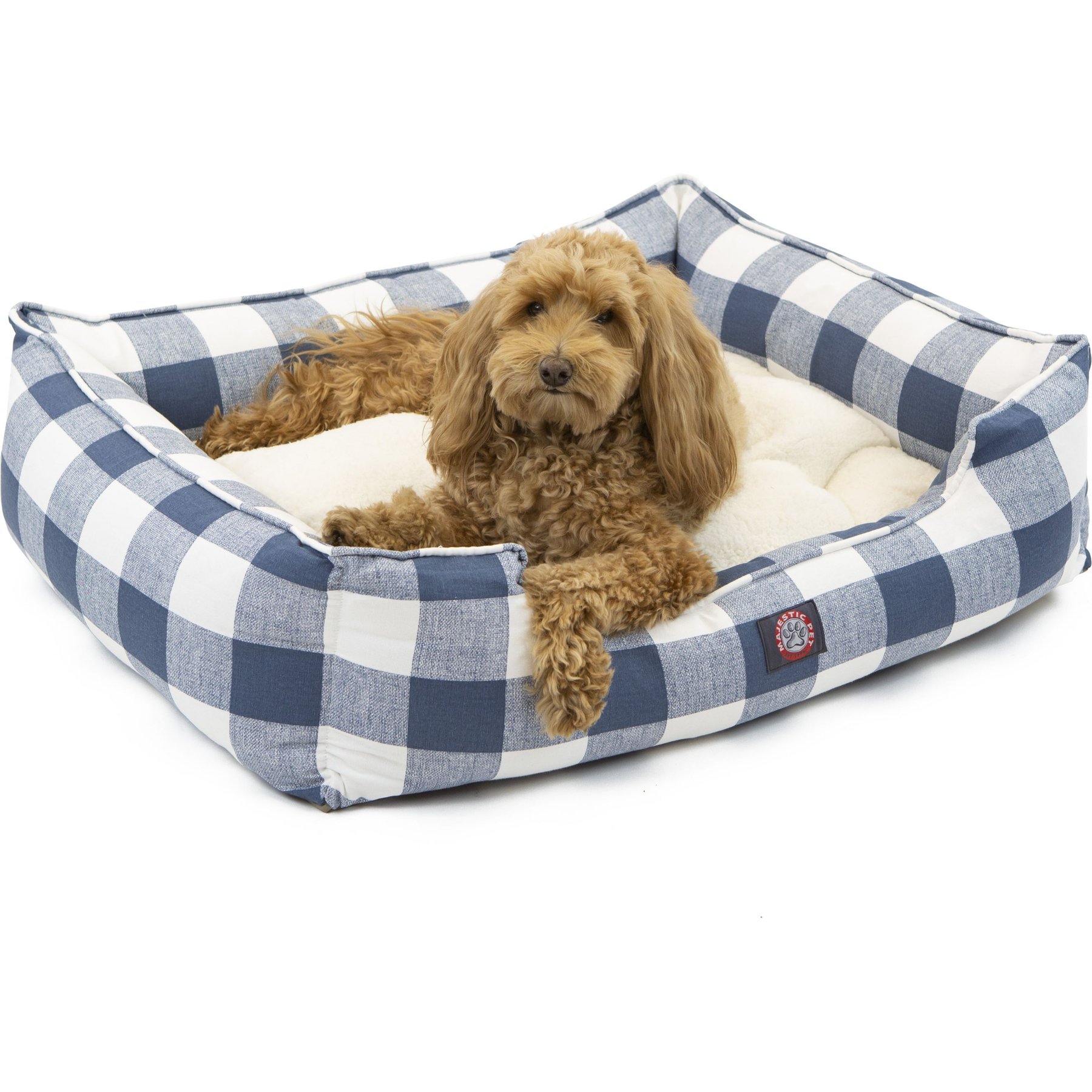 Majestic Pet Contemp Lounge Anderson Check Bolster Dog Bed with Removable Cover, Blue, Medium