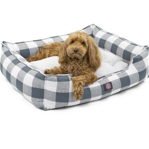 Majestic Pet Contemp Lounge Anderson Check Bolster Dog Bed with Removable Cover, Gunmetal Blue, Small