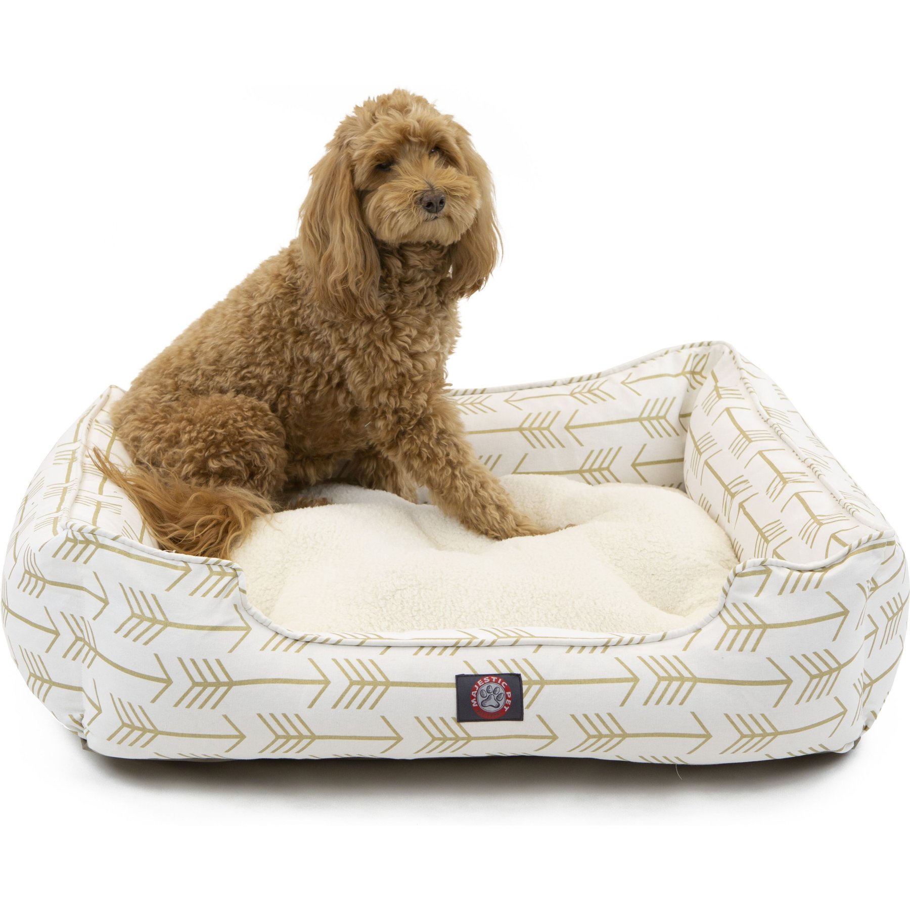 Majestic Pet Contemp Lounge Arrow Bolster Dog Bed with Removable Cover, White with Gold Arrows, Small