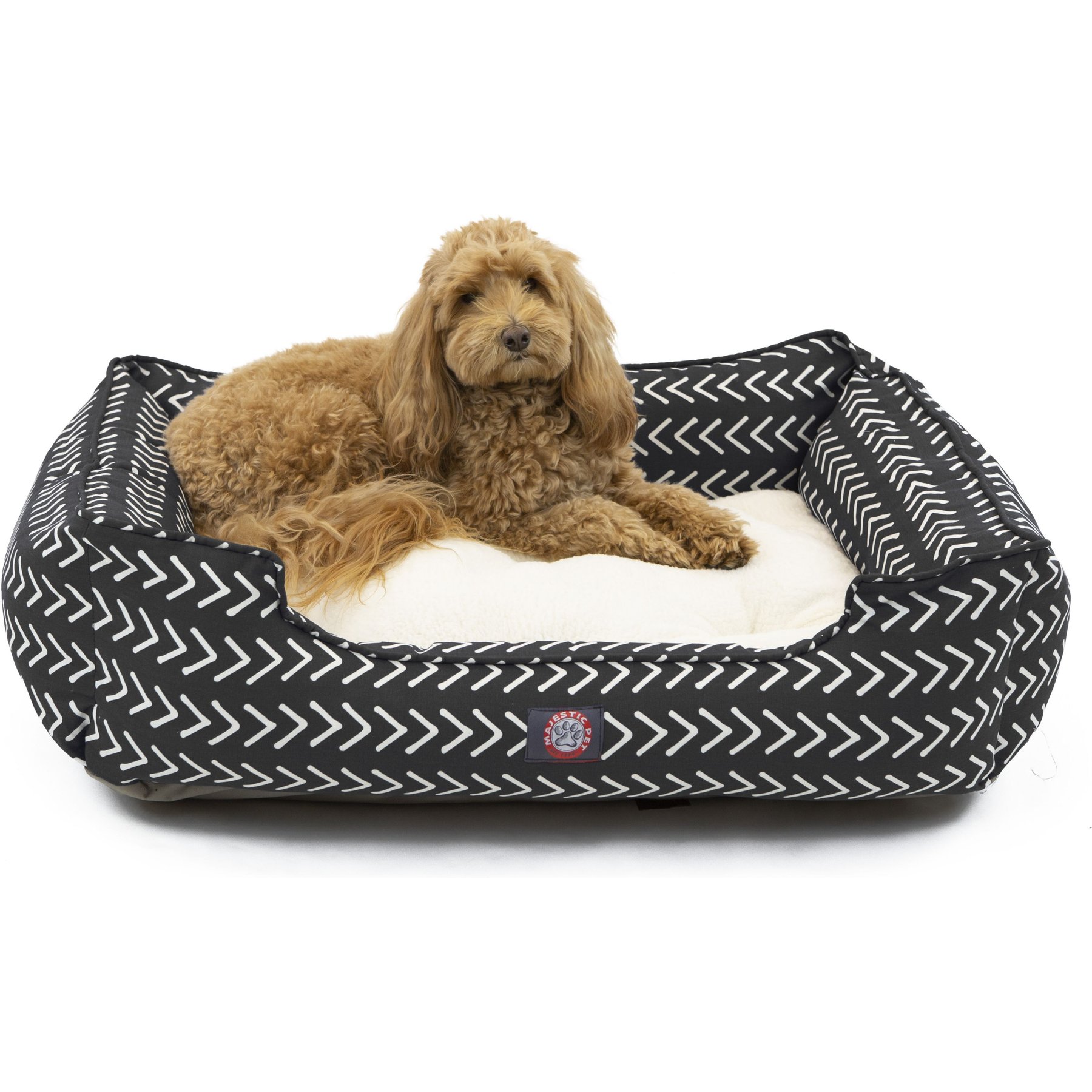 Majestic Pet Contemp Lounge Boho Arrow Bolster Dog Bed with Removable Cover, Black with White Arrows, Small