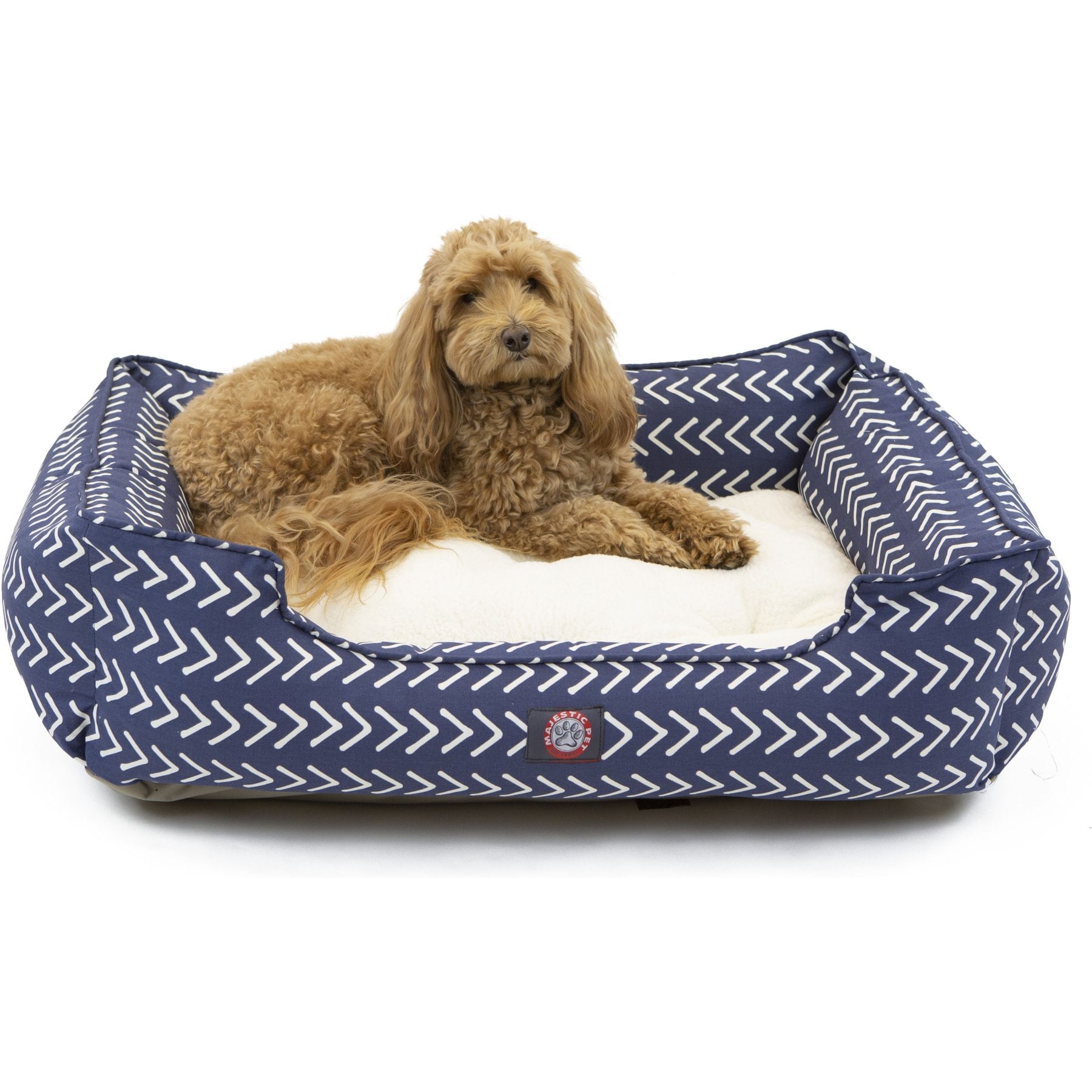 Majestic Pet Contemp Lounge Boho Arrow Bolster Dog Bed with Removable Cover, Blue with White Arrows, Small