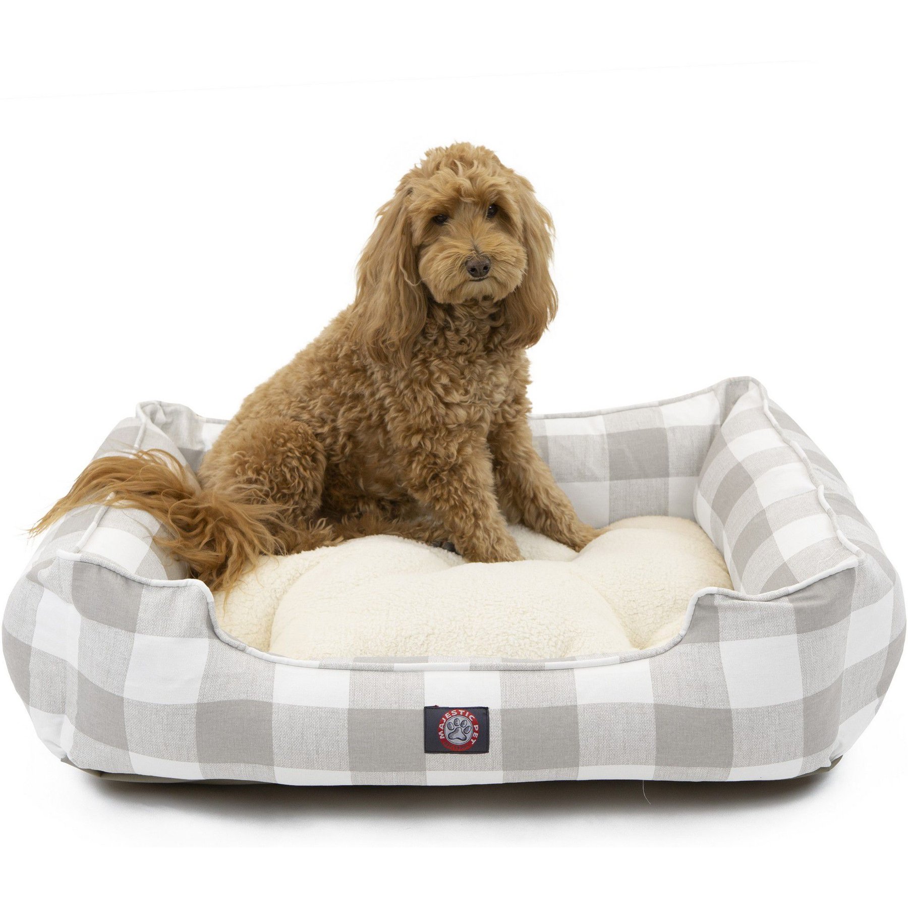 Majestic Pet Contemporary Lounge Anderson Check Bolster Dog Bed with Removable Cover, Grey, Large