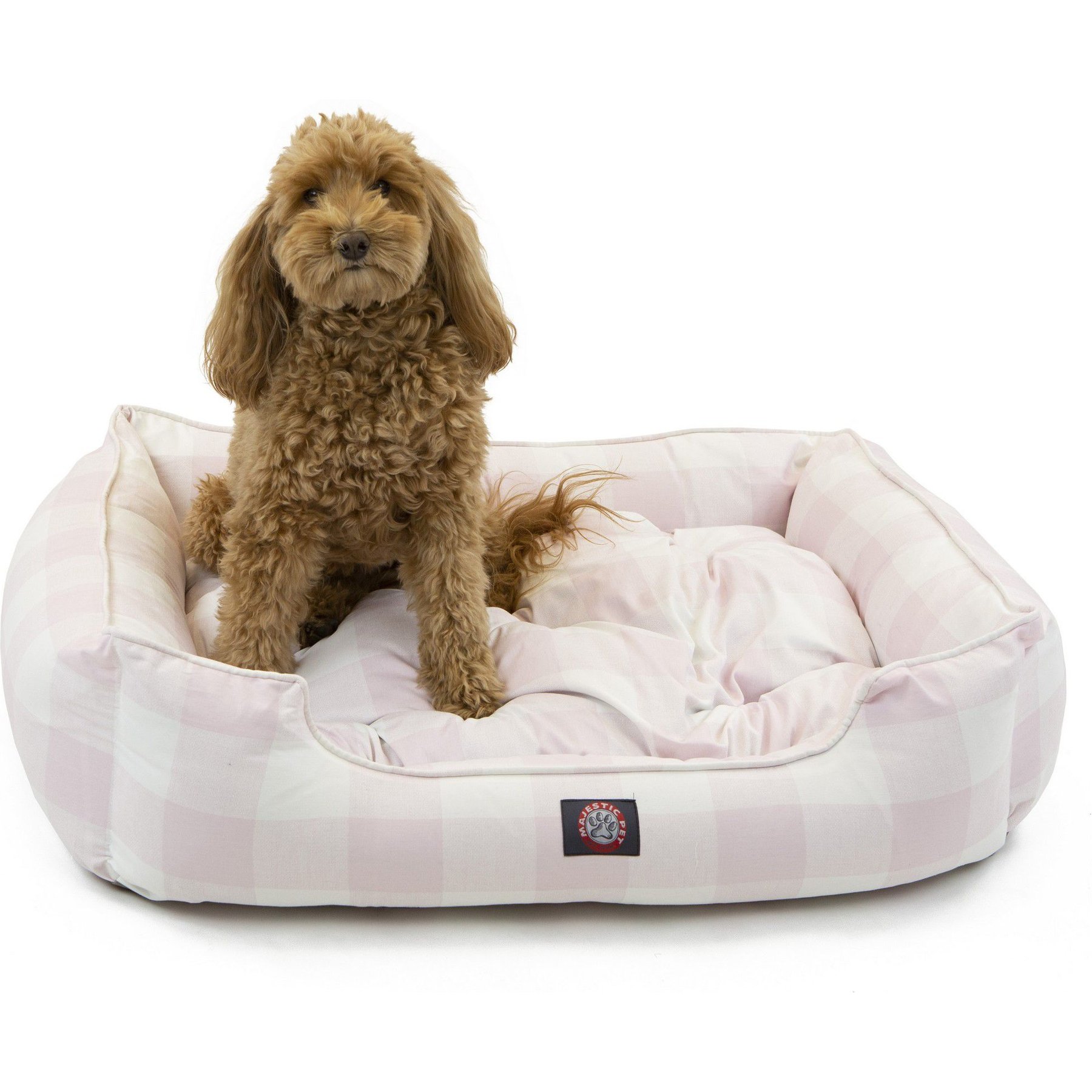 Majestic Pet Contemporary Lounge Anderson Check Bolster Dog Bed with Removable Cover, Pink, Medium