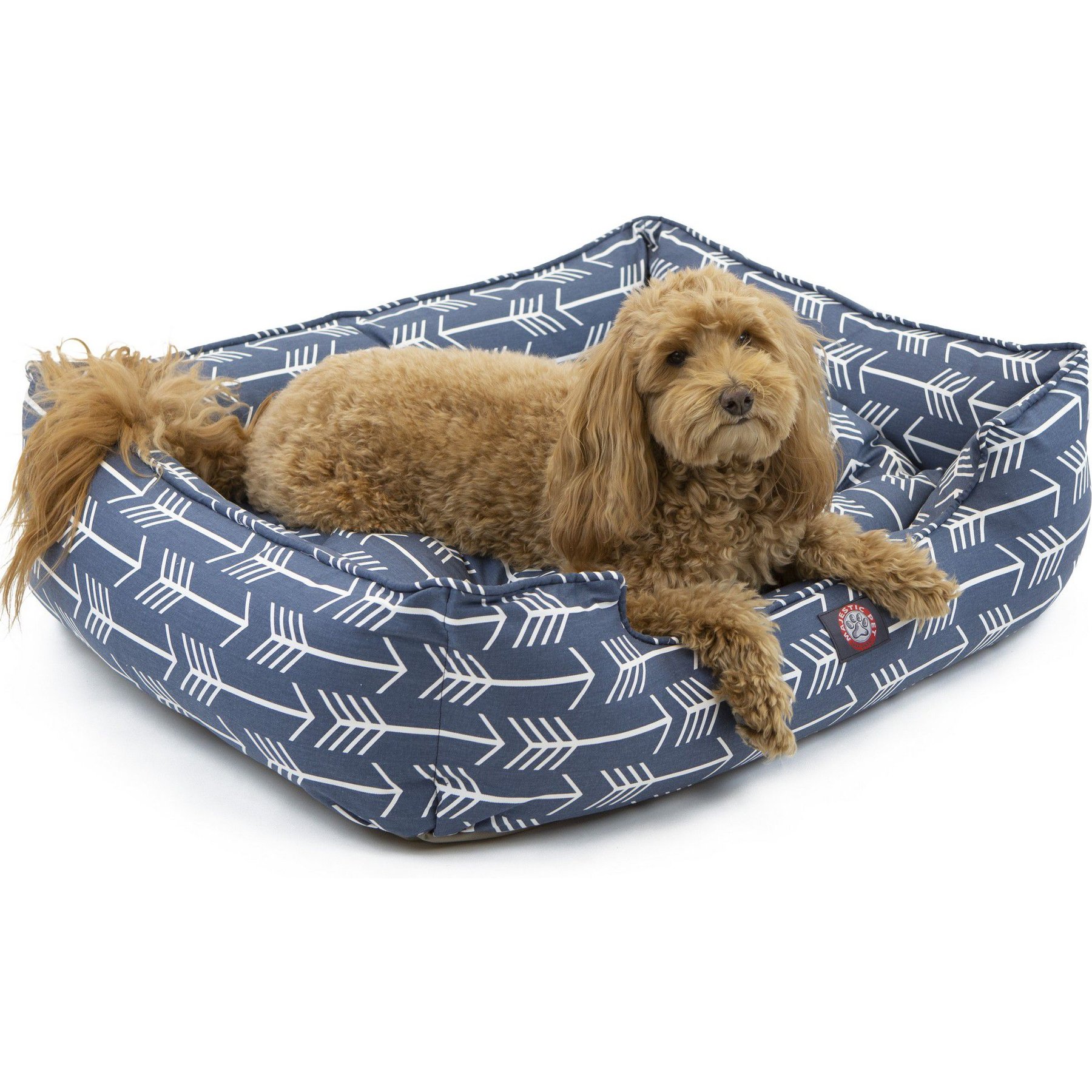 Majestic Pet Contemporary Lounge Arrow Bolster Dog Bed with Removable Cover, Blue/White Arrows, Medium