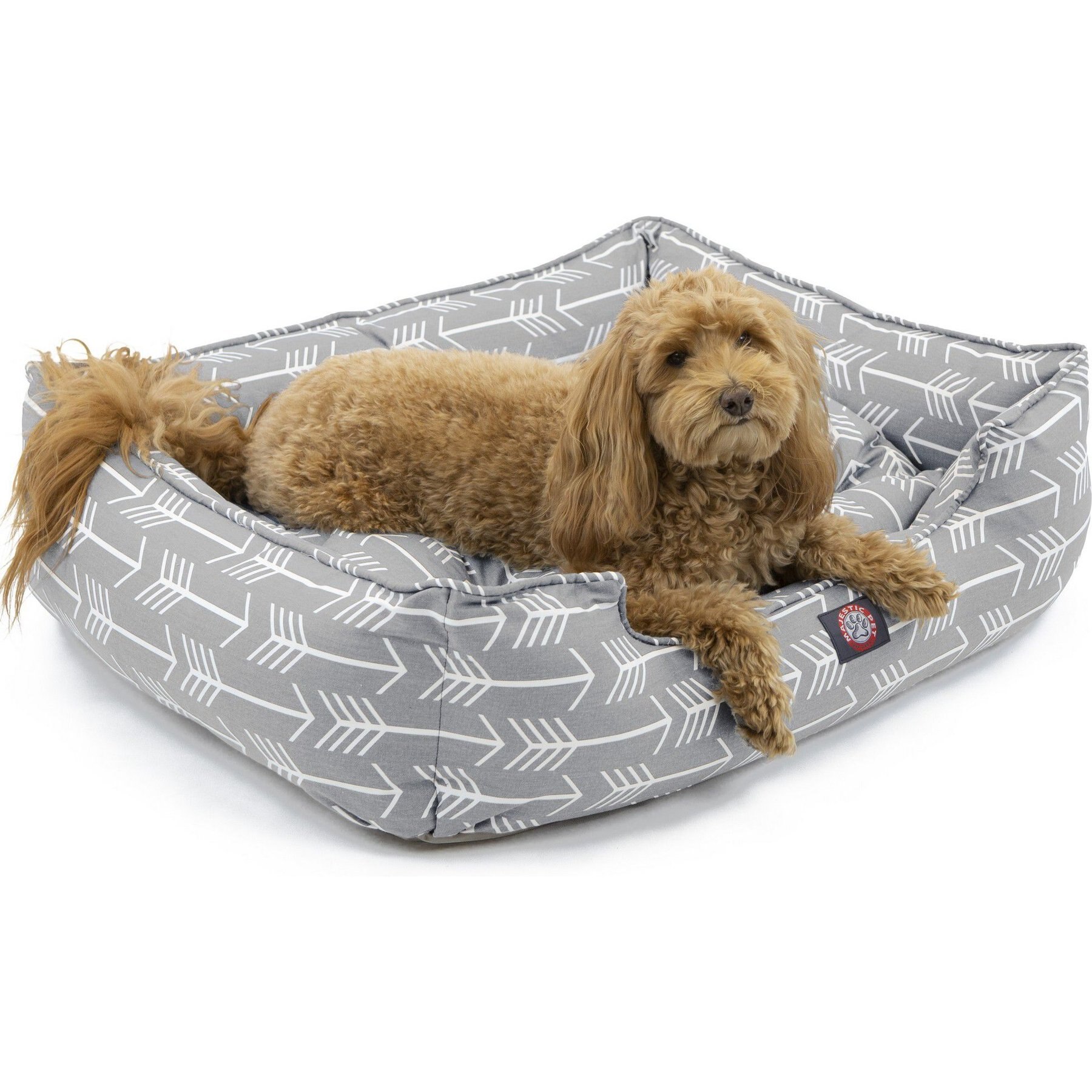 Majestic Pet Contemporary Lounge Arrow Bolster Dog Bed with Removable Cover, Grey/White Arrows, Medium