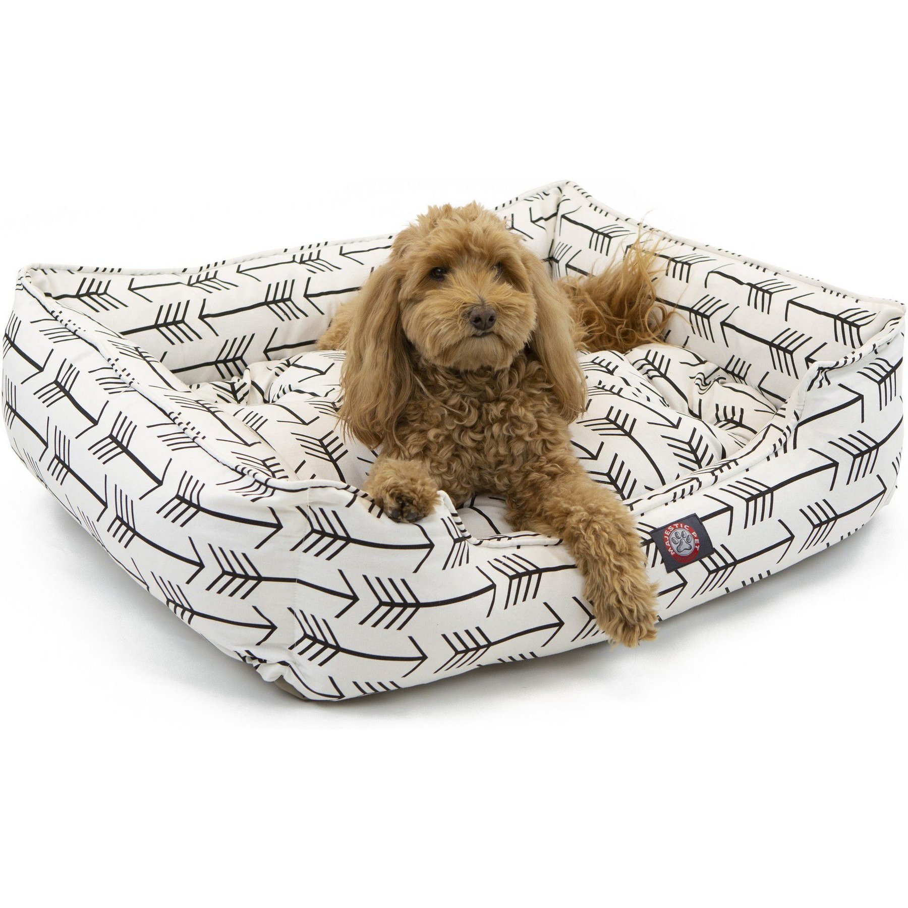 Majestic Pet Contemporary Lounge Arrow Bolster Dog Bed with Removable Cover, White/Black Arrows, Medium
