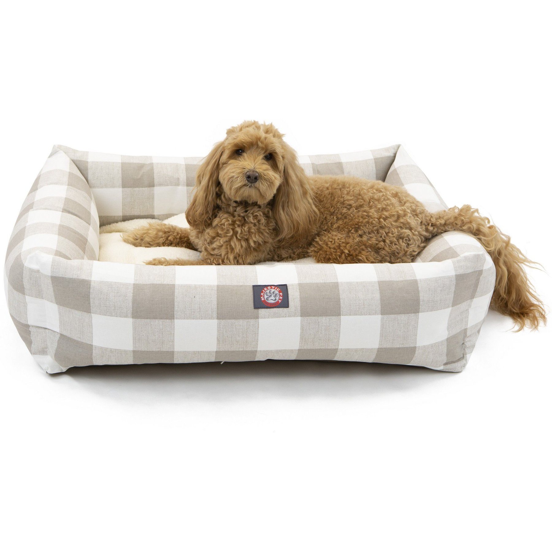 Majestic Pet Luxe Bagel Anderson Check Bolster Dog Bed with Removable Cover, Tan, Large