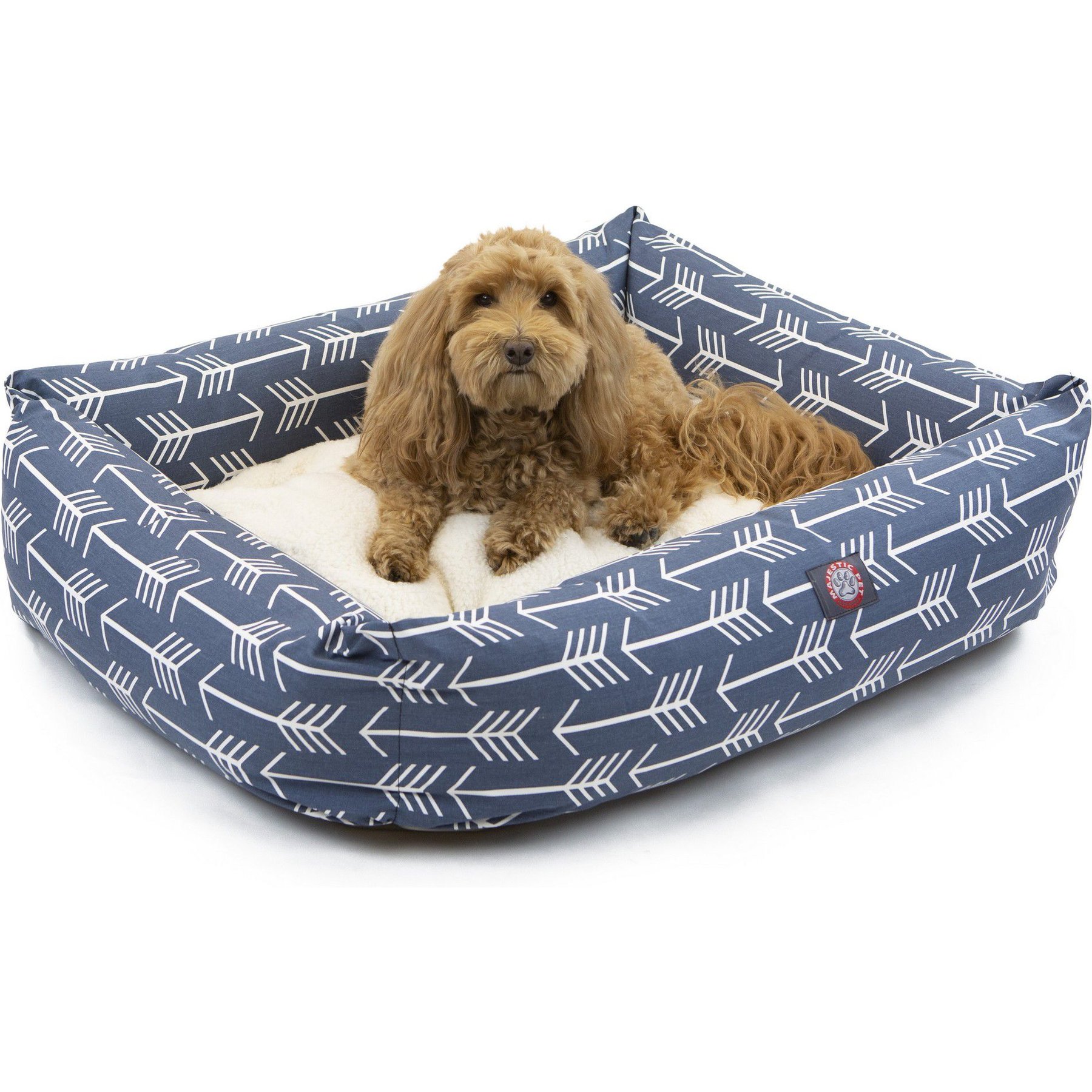 Majestic Pet Luxe Bagel Arrow Bolster Dog Bed with Removable Cover, Blue/White Arrows, Large