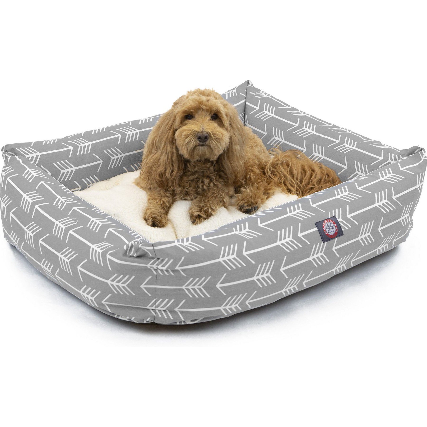 Majestic Pet Luxe Bagel Arrow Bolster Dog Bed with Removable Cover, Grey/White Arrows, Large