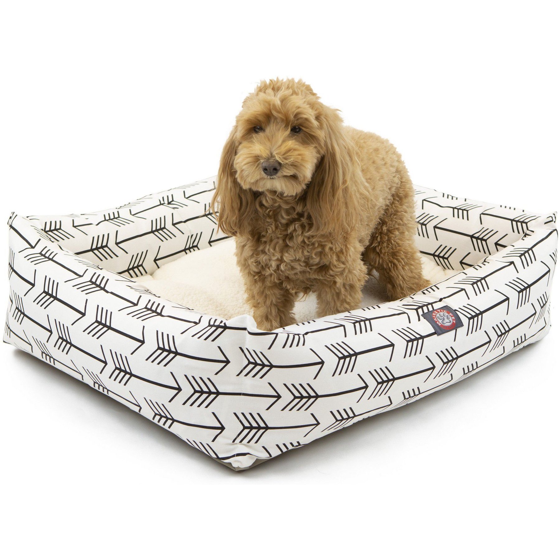Majestic Pet Luxe Bagel Arrow Bolster Dog Bed with Removable Cover, White/Black Arrows, Large