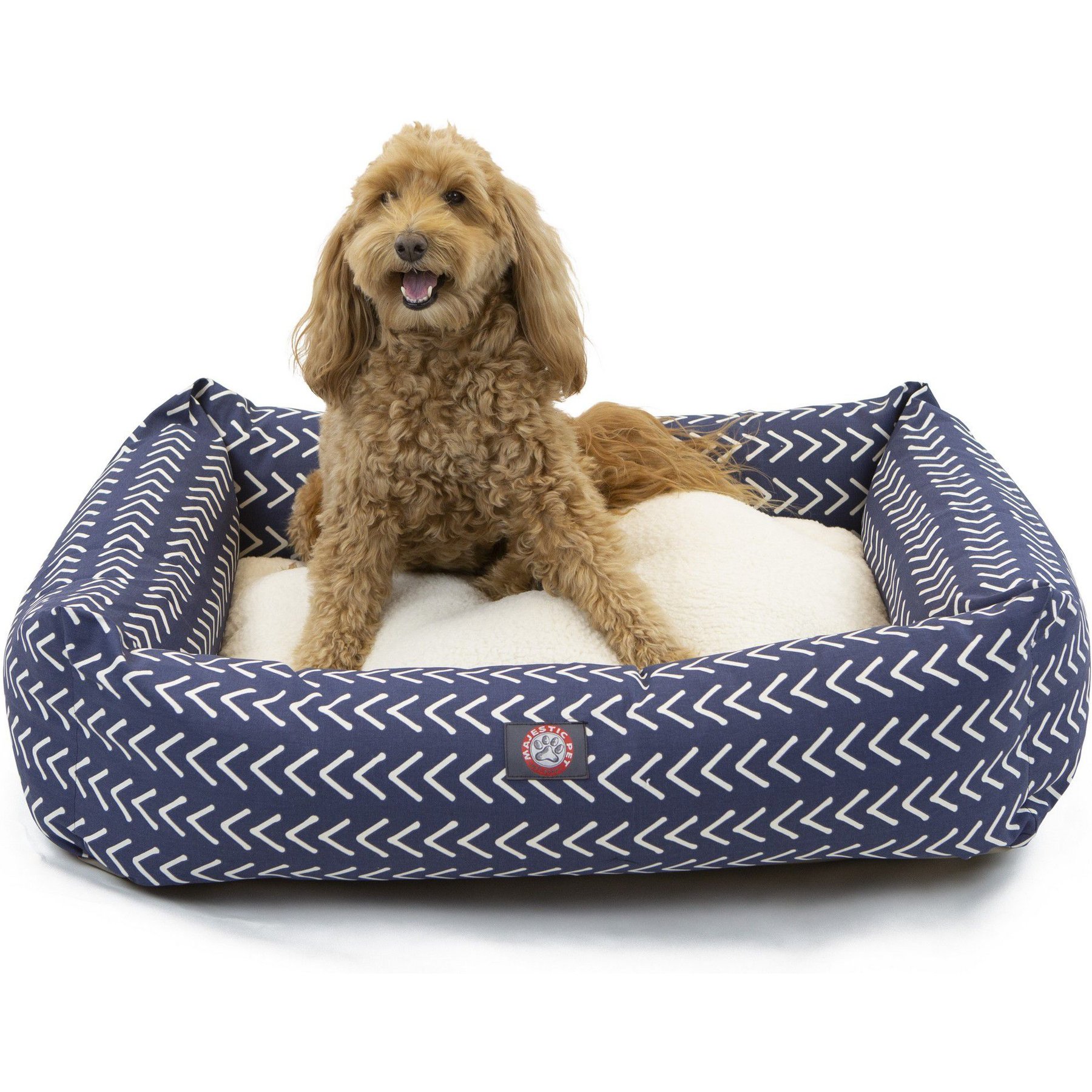 Majestic Pet Luxe Bagel Boho Arrow Bolster Dog Bed with Removable Cover, Blue/White Arrows, Large
