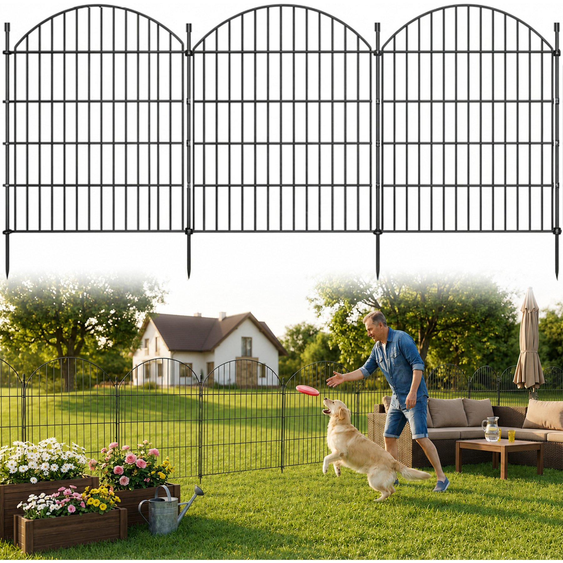 MALOROY 10 Panel Rustproof Metal Outdoor Dog & Cat Garden Fence with Gate, Black, 35.4 x 27.5-in