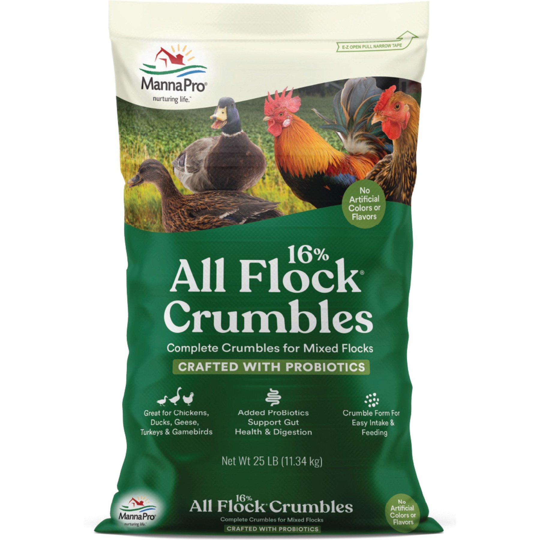 Manna Pro 16% All Flock Crumbles with Probiotics Chicken & Duck Food, 25-lb bag