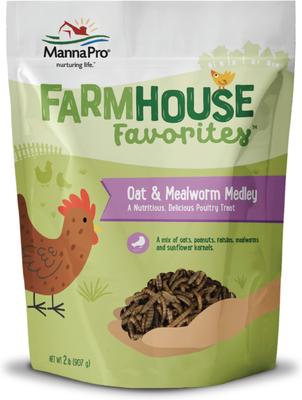 Show full view: Manna Pro Farmhouse Favorites Oat & Mealworm Mix Chicken Treats, 2-lb bag slide 1 of 7