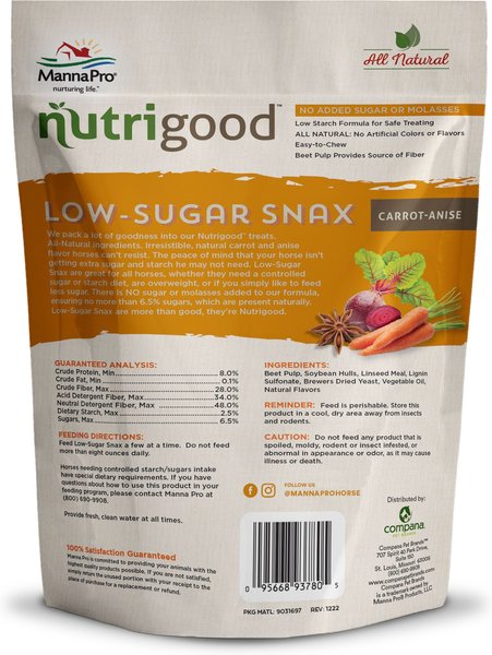 Show full view: Manna Pro NutriGood Low-Sugar Snax Carrot-Anise Flavor Horse Treats, 4-lb bag slide 2 of 9
