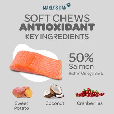 Show full view: Marly & Dan Healthy & Functional Salmon Dog Treats with Sweet Potato & Cranberries, Antioxidant Recipe, 6-oz bag slide 5 of 6