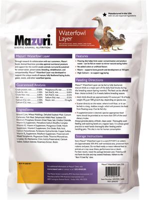 Show full view: Mazuri Waterfowl Layer Floating Duck & Geese Feed, 5-lb bag slide 3 of 10