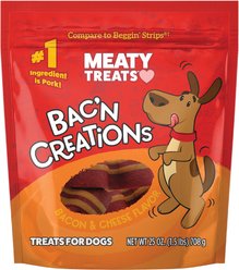 Meaty Treats Bac'n Creations Bacon & Cheese Flavor Strips Soft & Chewy Dog Treats, 25-oz bag