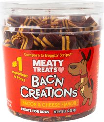 Meaty Treats Bac'n Creations Bacon & Cheese Flavor Strips Soft & Chewy Dog Treats, 5-lb canister