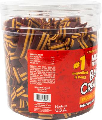 Show full view: Meaty Treats Bac'n Creations Bacon & Cheese Flavor Strips Soft & Chewy Dog Treats, 5-lb canister slide 4 of 10