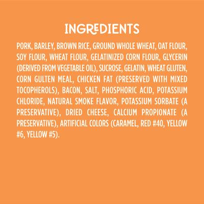 Show full view: Meaty Treats Bac'n Creations Bacon & Cheese Flavor Strips Soft & Chewy Dog Treats, 5-lb canister slide 7 of 10