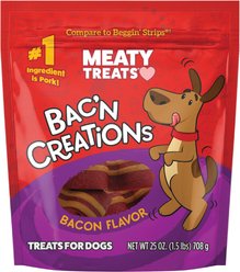 Meaty Treats Bac'n Creations Bacon Flavor Strips Soft & Chewy Dog Treats, 25-oz bag