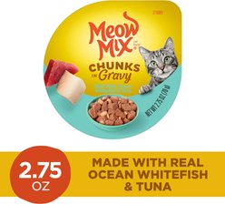 Meow Mix Chunks in Gravy Real Ocean Whitefish & Tuna Wet Cat Food, 2.75-oz cup, case of 12 slide 2 of 6