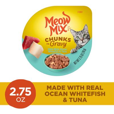 Show full view: Meow Mix Chunks in Gravy Real Ocean Whitefish & Tuna Wet Cat Food, 2.75-oz cup, case of 12 slide 3 of 10