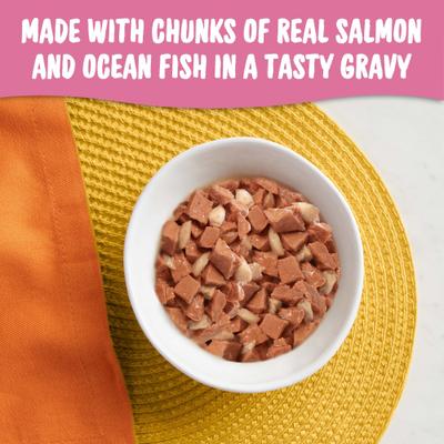 Show full view: Meow Mix Chunks in Gravy Real Salmon & Ocean Fish Wet Cat Food, 2.75-oz cup, case of 12 slide 5 of 9
