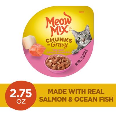 Show full view: Meow Mix Chunks in Gravy Real Salmon & Ocean Fish Wet Cat Food, 2.75-oz cup, case of 12 slide 3 of 9