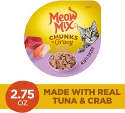 Meow Mix Chunks in Gravy Real Tuna & Crab Wet Cat Food, 2.75-oz cup, case of 12 slide 2 of 6