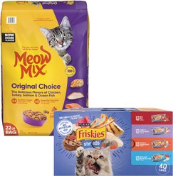 Meow Mix Original Choice Dry Food + Friskies Shreds in Gravy Variety Pack Canned Cat Food