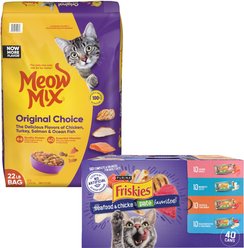 Meow Mix Original Choice Dry Food + Purina Friskies Seafood & Chicken Pate Favorites Variety Pack Wet Cat Food